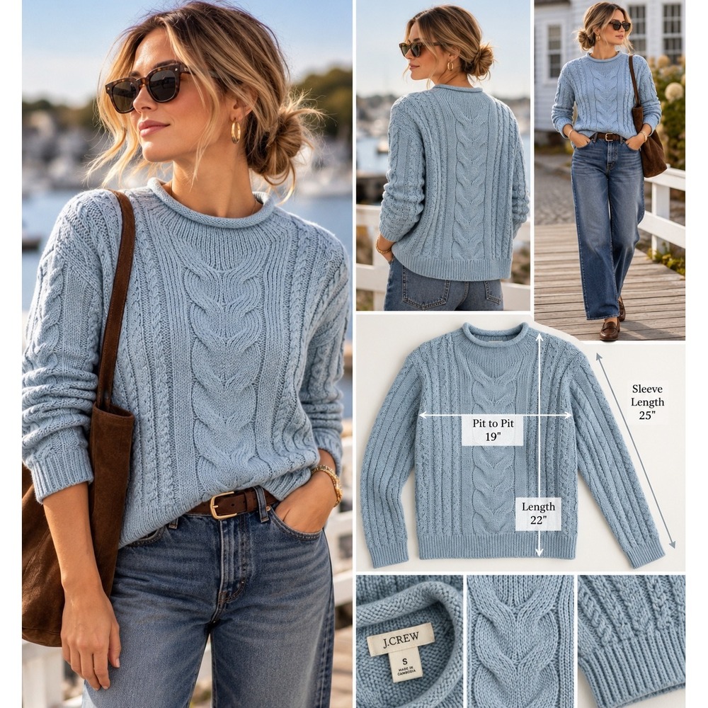 J.Crew Rollneck Cable Knit Sweater S Blue Fisherman Coastal Heritage Preppy